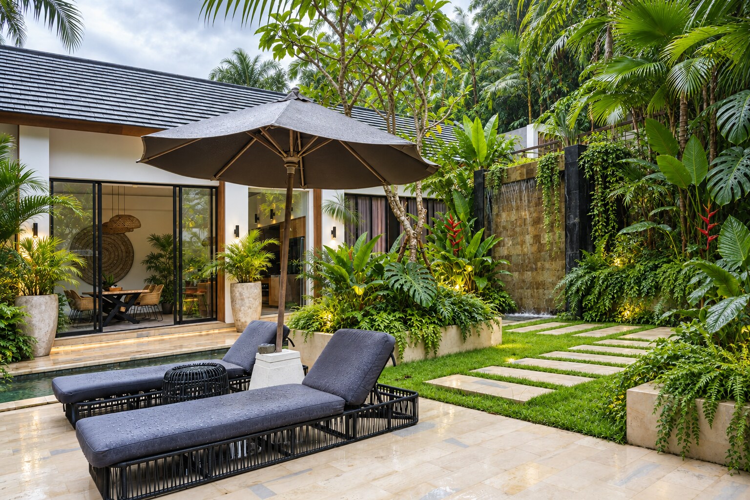 A peaceful patio surrounded by lush tropical-style palms, ferns, and broad-leaf greenery